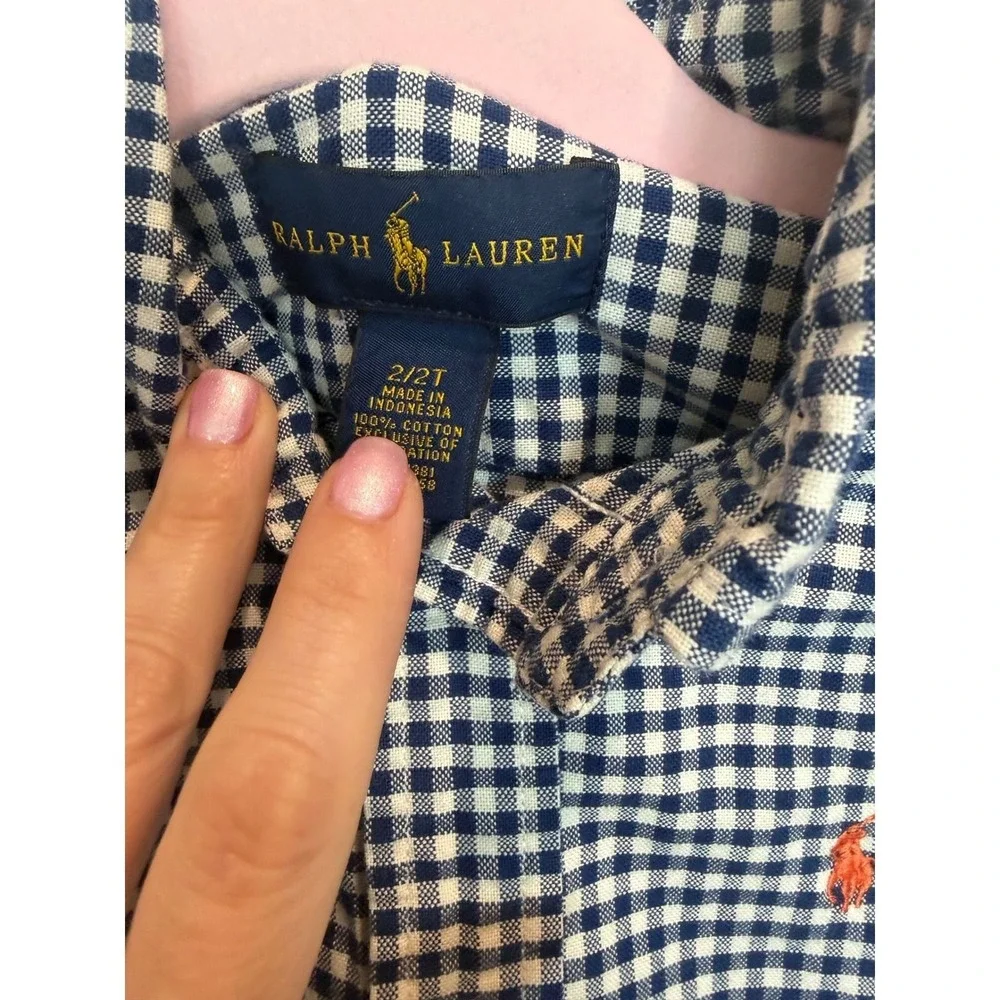 29.Ralph Lauren Boys 2T Navy Blue Gingham Check Long Sleeve Button Down Shirt